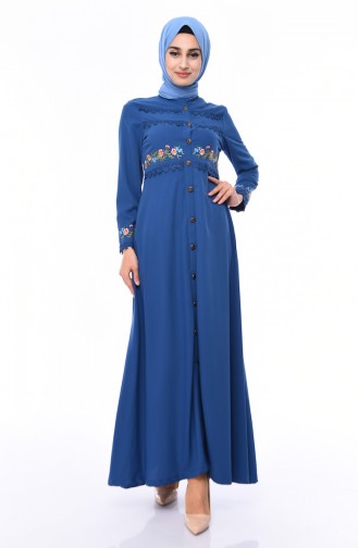 Besticktes Saisonales Abaya 9047-02 Indigo 9047-02