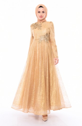 فستان سهر بتفاصيل لامعة 5105-01 لون ذهبي 5105-01