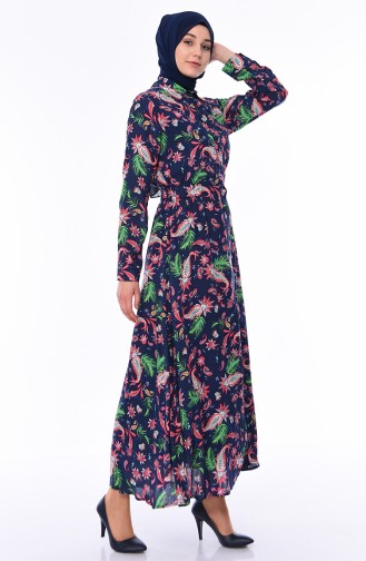 فستان صيفي فيسكوز بتصميم مُطبع 3041 B-01 لون كحلي 3041B-01