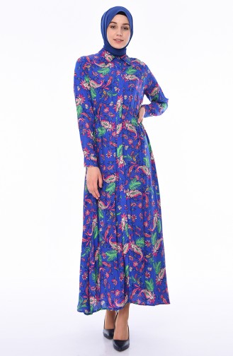 فستان صيفي فيسكوز بتصميم مُطبع 3041 B-02 لون أزرق 3041B-02