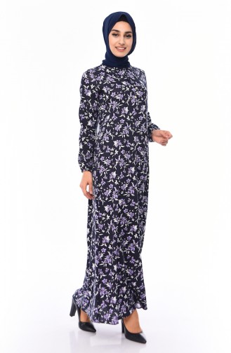 Patterned Dress 2560N-01 Navy Blue Lilac 2560N-01