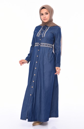 Besticktes Jeans Kleid 4037-01 Dunkelblau 4037-01