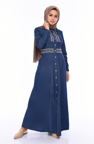 Embroidered Jeans Dress 4037-01 Navy Blue 4037-01