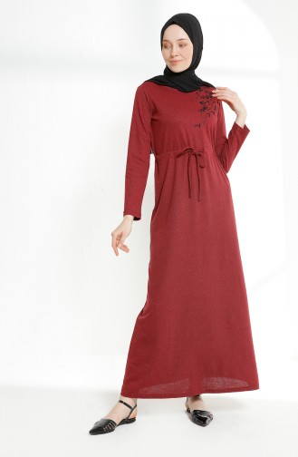 Embroidered Shirred Waist Dress  5022-03 Claret Red 5022-03