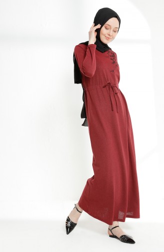 Embroidered Shirred Waist Dress  5022-03 Claret Red 5022-03