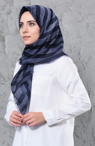 Çizgi Desenli Çekme Cotton Eşarp 2251-07 Lacivert 2251-07