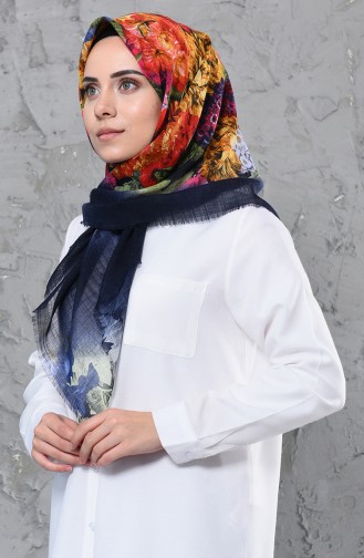 Çiçek Desenli Flamlı Cotton Eşarp 2250-13 Lacivert Kırmızı