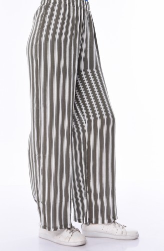 Çizgili Yazlık Bol Paça Pantolon 25010-01 Haki Yeşil Beyaz 25010-01