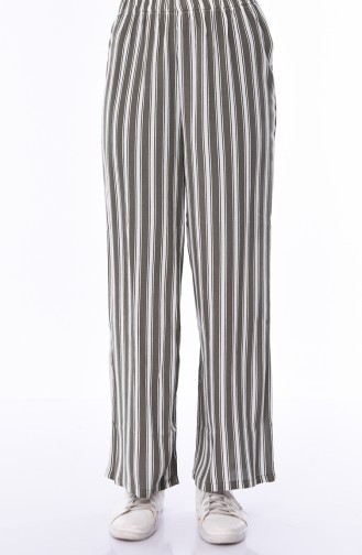 Çizgili Yazlık Bol Paça Pantolon 25010-01 Haki Yeşil Beyaz 25010-01