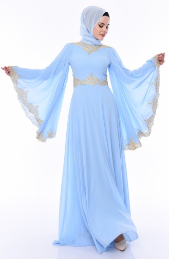 Dantel Detaylı Abiye Elbise 8224-03 Buz mavisi