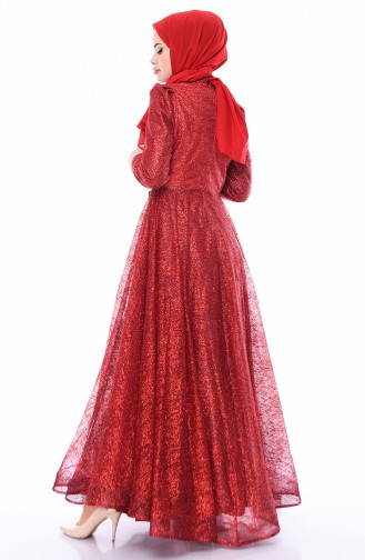 فستان سهر بتفاصيل لامعة 5105-04 لون احمر 5105-04