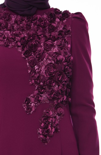 فستان سهرة بتصميم مُزين بكُلف ورد 7025-02 لون بنفجي 7025-02