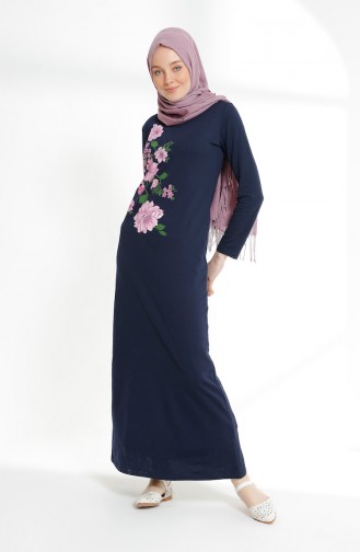 فستان محاك بخيطين بتصميم مطبع 5021-02 لون كحلي 5021-02