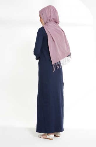 فستان محاك بخيطين بتصميم مطبع 5021-02 لون كحلي 5021-02