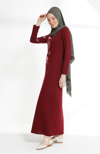 فستان محاك بخيطين بتصميم مطبع 5021-03 لون خمري 5021-03