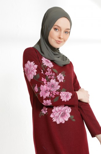 فستان محاك بخيطين بتصميم مطبع 5021-03 لون خمري 5021-03