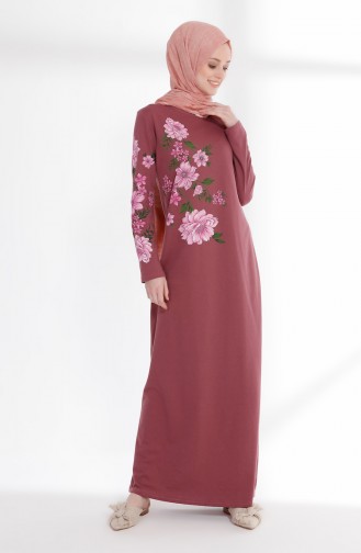 فستان محاك بخيطين بتصميم مطبع 5021-07 لون وردي باهت 5021-07