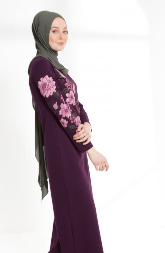 فستان محاك بخيطين بتصميم مطبع 5021-09 لون بنفسجي 5021-09