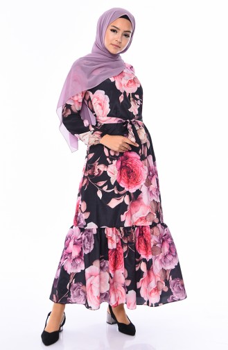 Flower Patterned Dress 5010-01 Black 5010-01