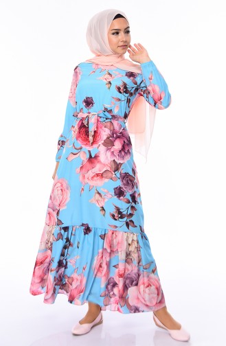 Flower Patterned Dress 5010-04 Blue 5010-04