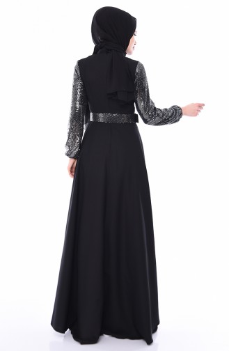 Payetli Kemerli Elbise 8002-01 Siyah