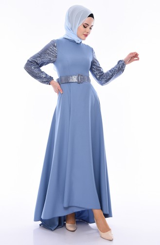 Sequined Belted Dress 8002-02 Blue 8002-02