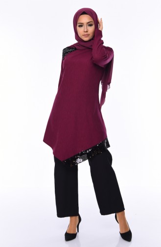 Sequined Tunic Trousers Suit 4131-02 Plum 4131-02