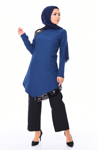 Sequined Tunic Trousers Suit 4131-05 İndigo 4131-05