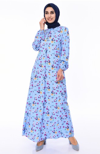 فستان فيسكوز مُطبع بتصميم أكمام مزمومة 0549-01 لون أزرق فاتح 0549-01