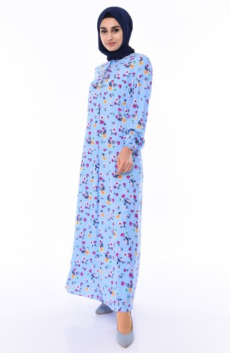 فستان فيسكوز مُطبع بتصميم أكمام مزمومة 0549-01 لون أزرق فاتح 0549-01