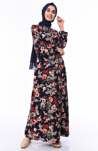 فستان فيسكوز مُطبع بتصميم أكمام مزمومة 0550-02 لون كحلي 0550-02