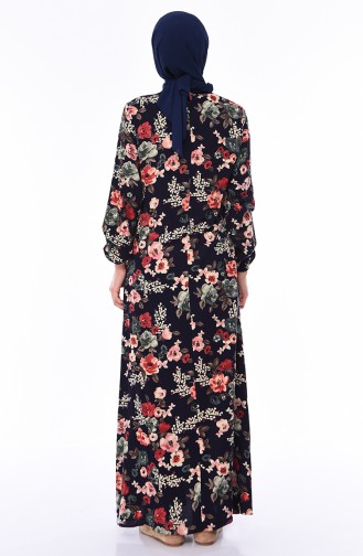 فستان فيسكوز مُطبع بتصميم أكمام مزمومة 0550-02 لون كحلي 0550-02