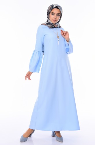 فستان سادة بتصميم مُزين بقلادة  1054-02 لون أزرق فاتح 1054-02