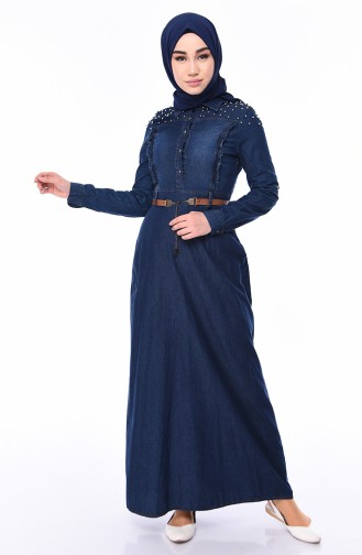 Pearl Belted Jeans Dress 5143-01 Navy Blue 5143-01