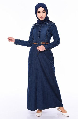 Robe Jean Perlées à Ceinture  5143-01 Bleu Marine 5143-01