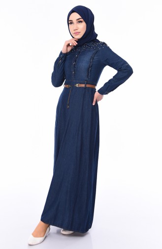Pearl Belted Jeans Dress 5143-01 Navy Blue 5143-01