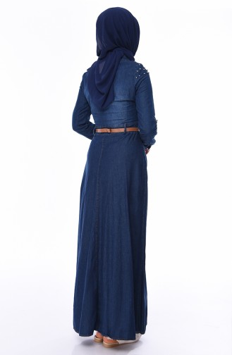 Pearl Belted Jeans Dress 5143-01 Navy Blue 5143-01