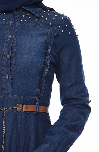 Robe Jean Perlées à Ceinture  5143-01 Bleu Marine 5143-01