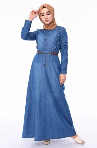 Pearl Belted Jeans Dress 5143-02 Blue Jeans 5143-02