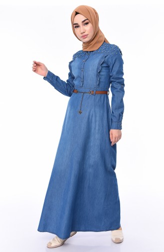Pearl Belted Jeans Dress 5143-02 Blue Jeans 5143-02