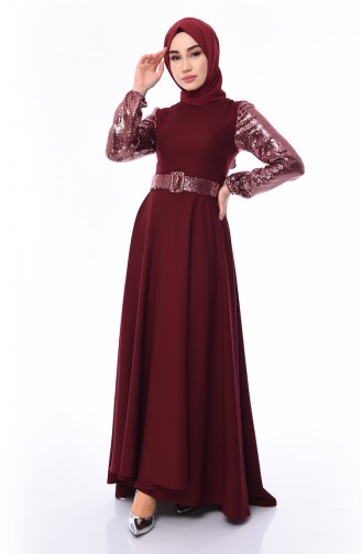 Sequined Belted Dress 8002-04 Bordeaux 8002-04