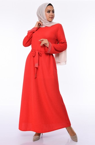 فستان مزين باحجار لامعة و حزام للخصر 1031-01 لون احمر 1031-01