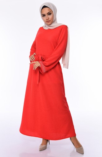 فستان مزين باحجار لامعة و حزام للخصر 1031-01 لون احمر 1031-01
