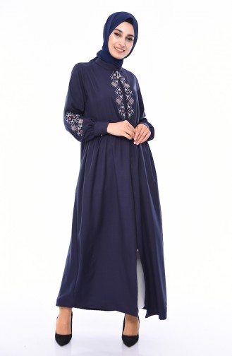 Abaya Brodée à Fermeture  10124-02 Bleu Marine 10124-02