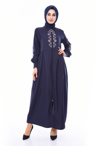 Abaya Brodée à Fermeture  10124-02 Bleu Marine 10124-02