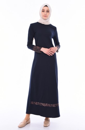 Leopard Garnished Dress 4172-04 Navy Blue 4172-04