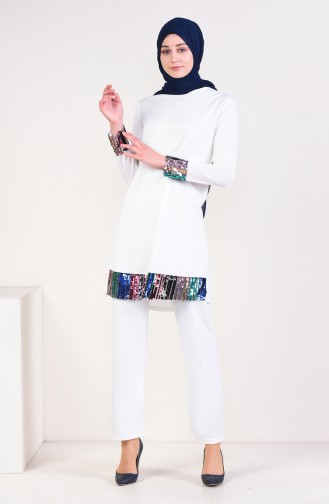 Payet Detaylı Tunik Pantolon İkili Takım 9008-06 Ekru
