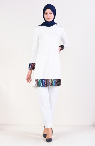 Payet Detaylı Tunik Pantolon İkili Takım 9008-06 Ekru
