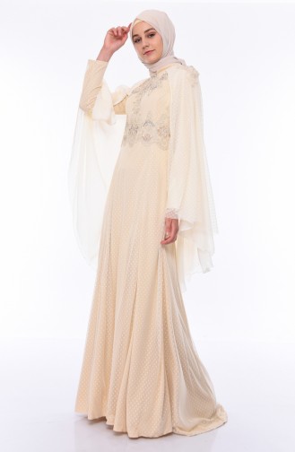 Cream Hijab Evening Dress 5029-01