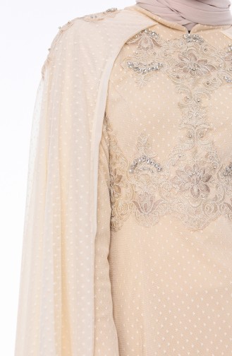 Cream Hijab Evening Dress 5029-01